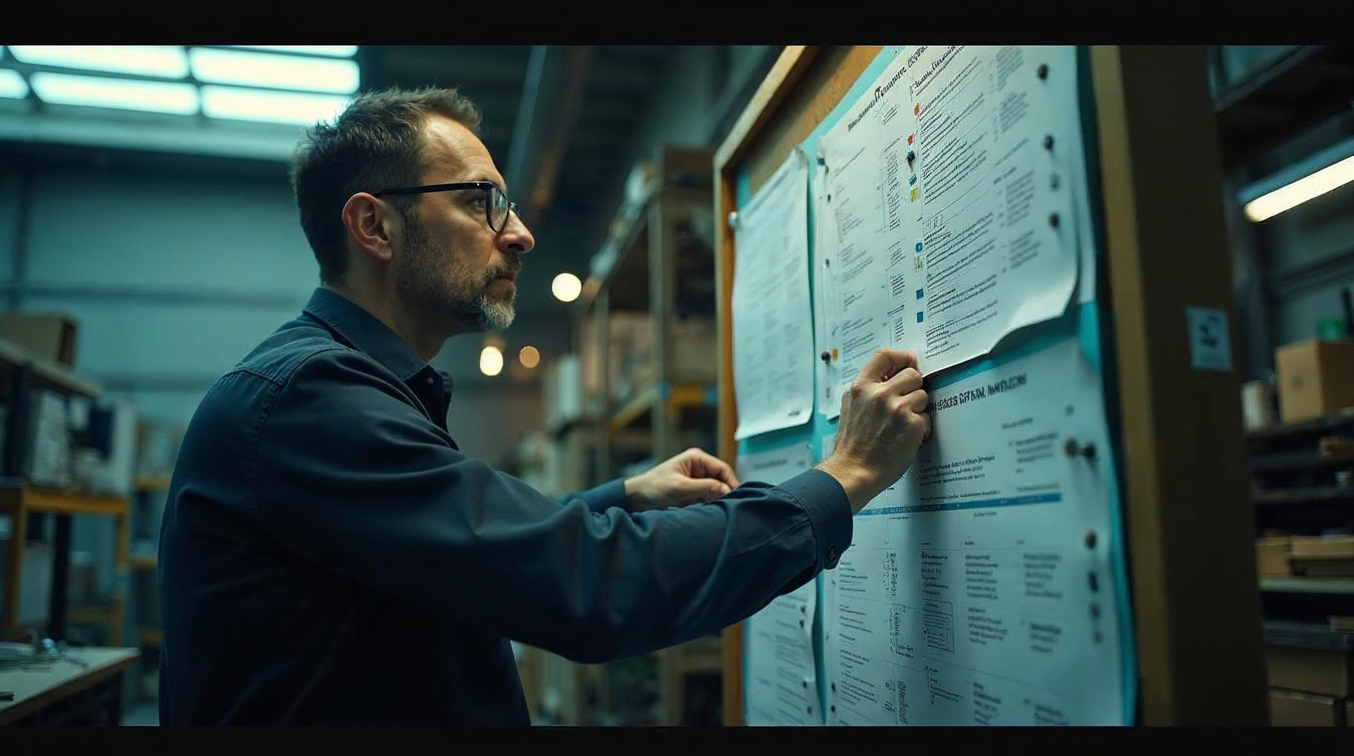 Marketing director of a machine builder pinning printed product datasheets on a workshop noticeboard