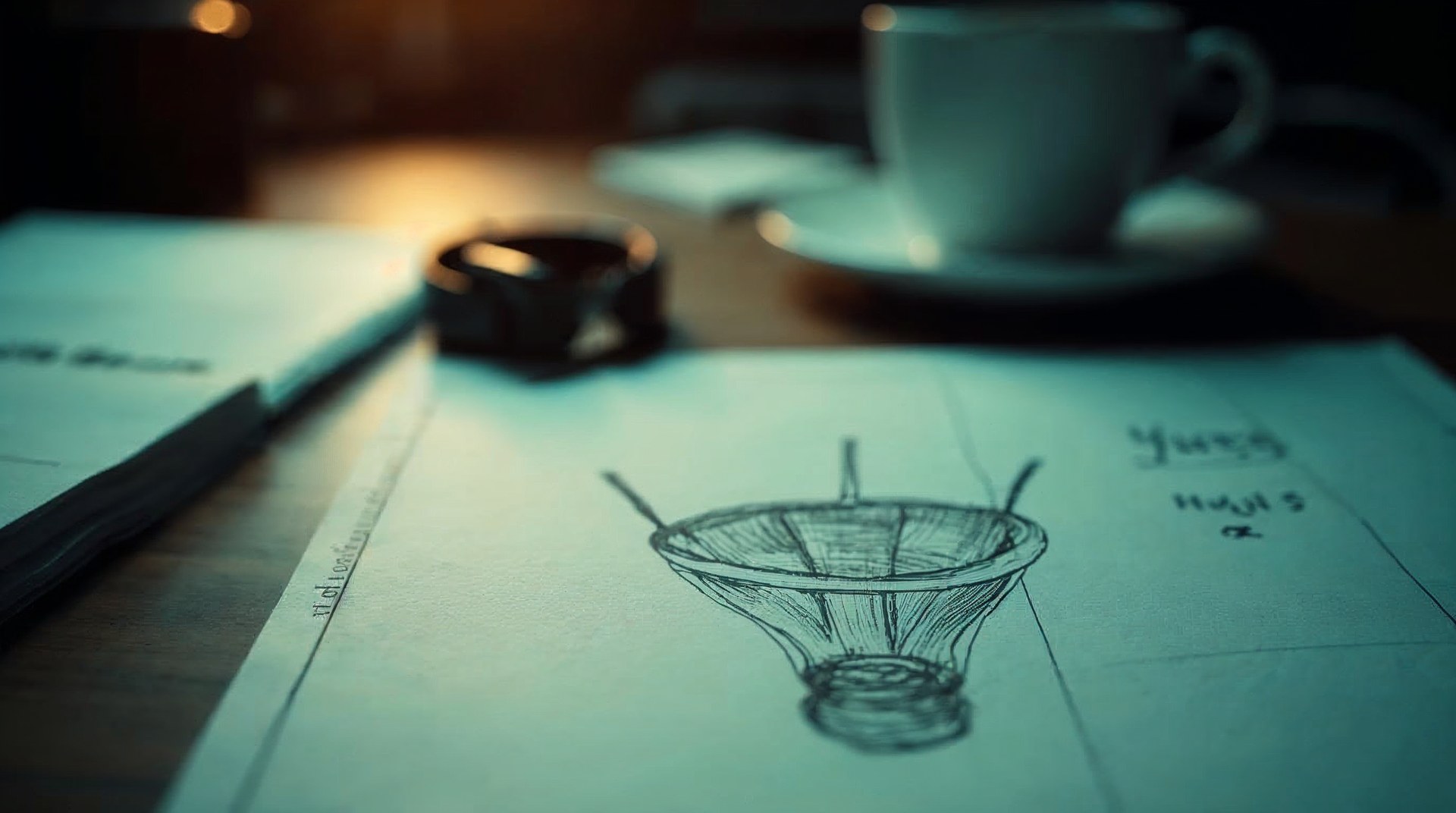 Hand-drawn buying funnel on graph paper next to a stack of printed equipment specification sheets