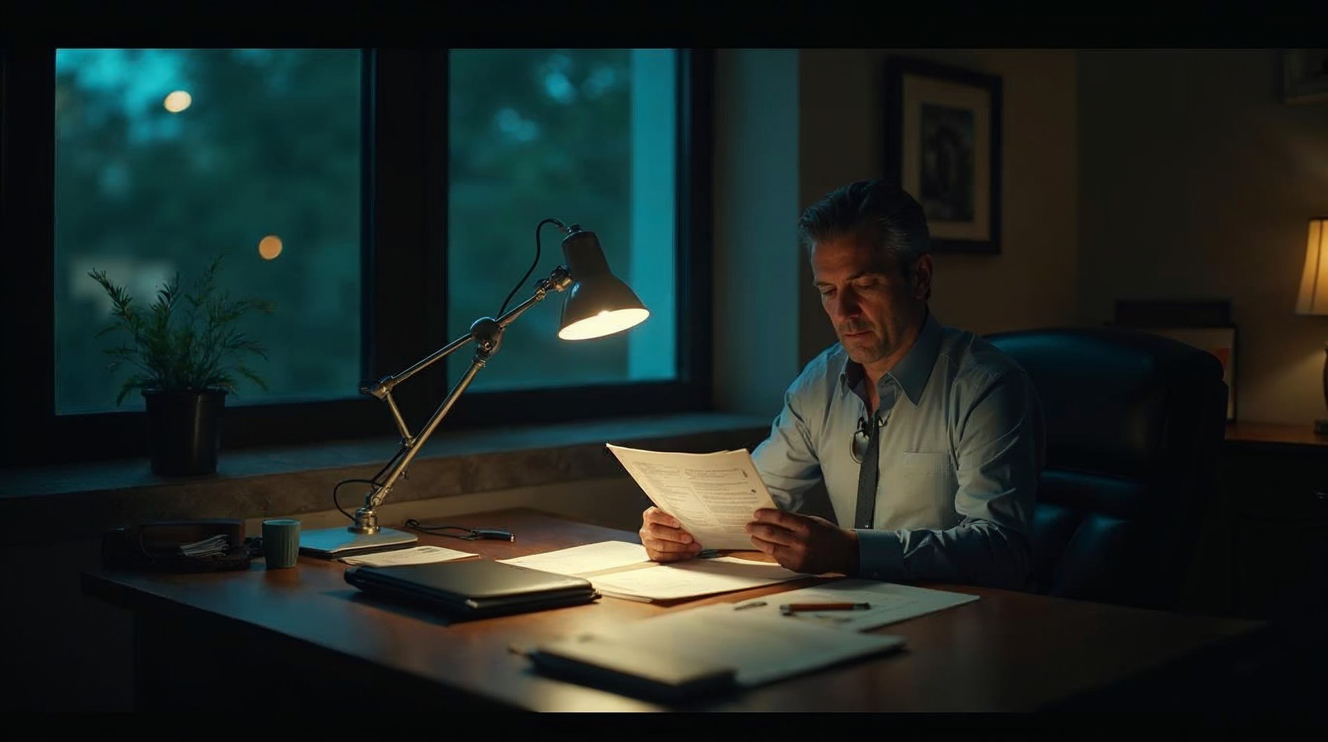 Managing partner of an injury law firm reading a printed intake report at dusk under a single desk lamp