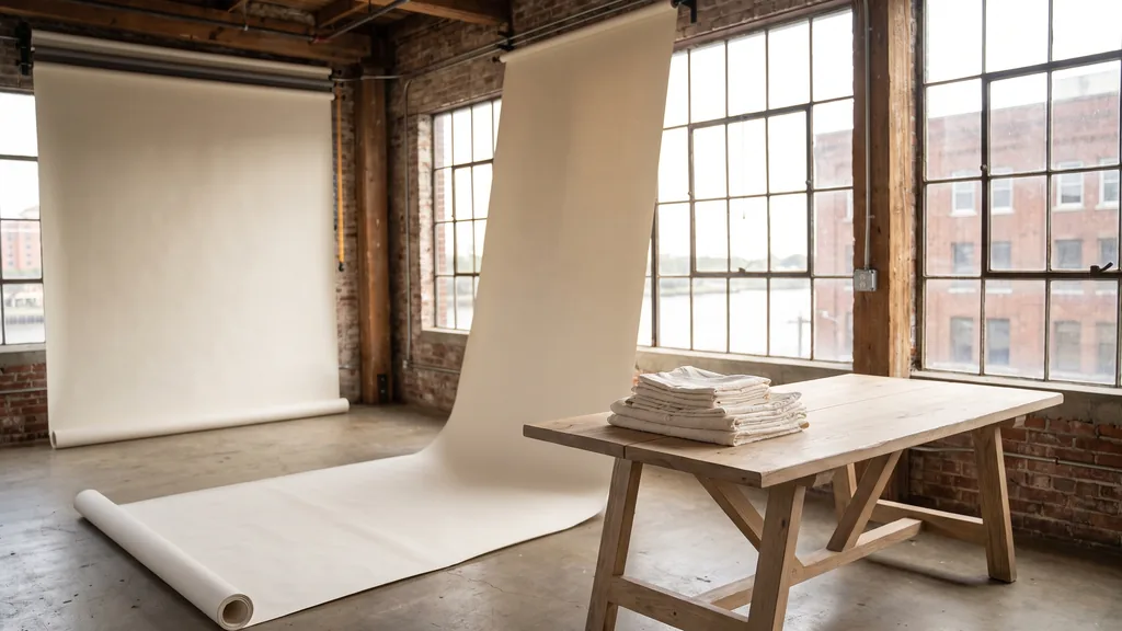 Editorial photograph of an empty photography studio in a Jacksonville riverside warehouse with a warm bone paper sweep and a plain pale oak still-life table holding folded linen, no people and no signage