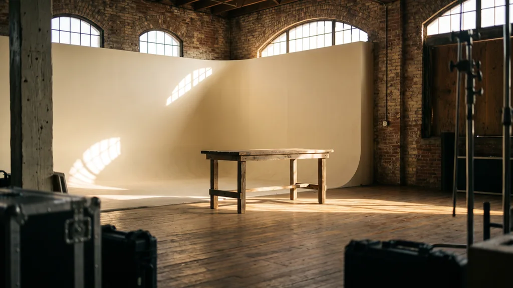 Editorial photograph of an empty photography studio in a Fort Worth brick stockyards conversion with a cream cyclorama and a plain weathered-timber shooting table, no people and no signage