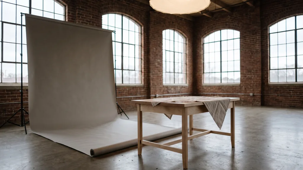 Editorial photograph of an empty photography studio in a Raleigh converted brick mill with a soft stone-grey paper sweep and a plain maple shooting table holding a folded cloth, no people and no signage