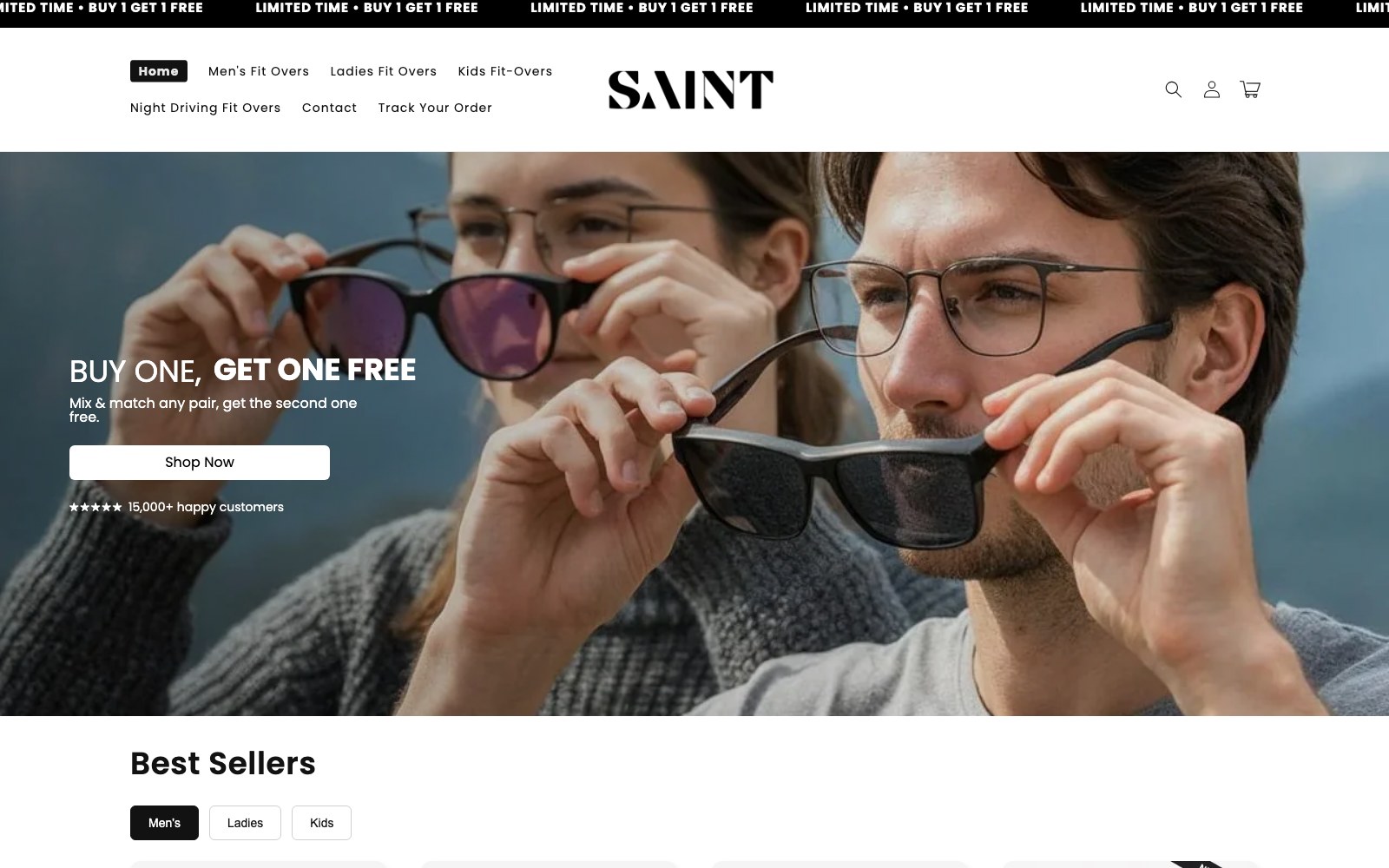 SAINT homepage hero with the buy one get one free offer