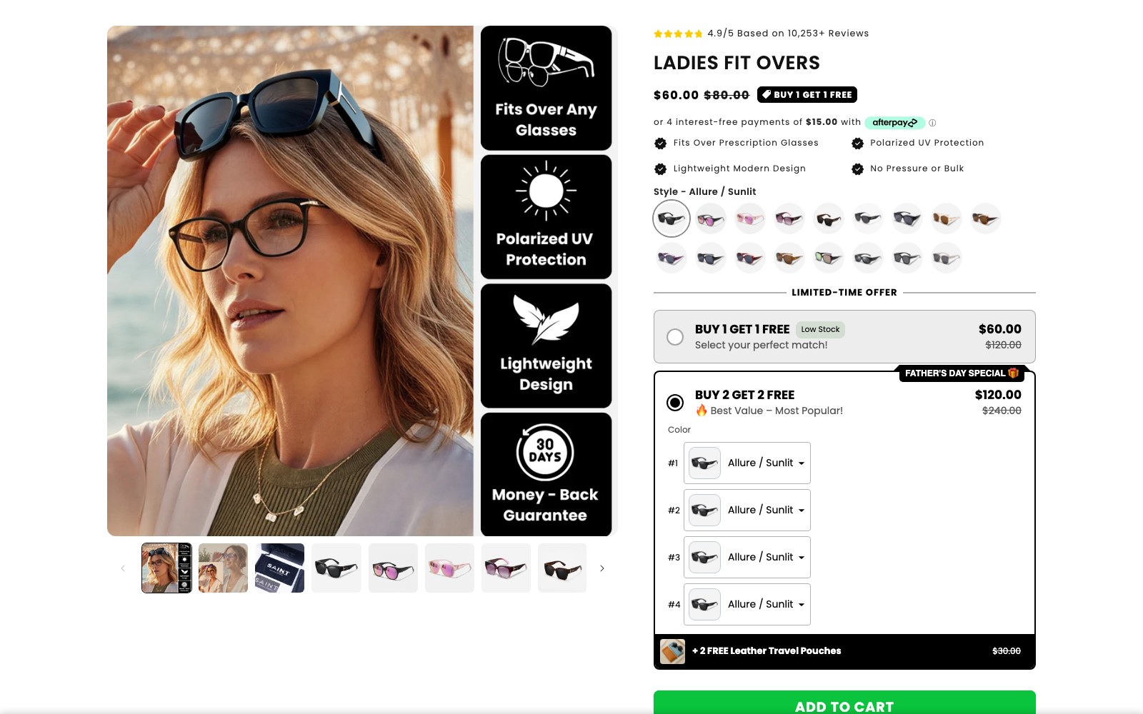 Ladies fit-overs product page with the benefit rail and bundle offer