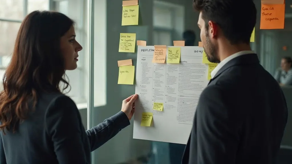 Marketing lead and colleague reviewing a printed 90-day plan pinned to a glass wall with sticky notes