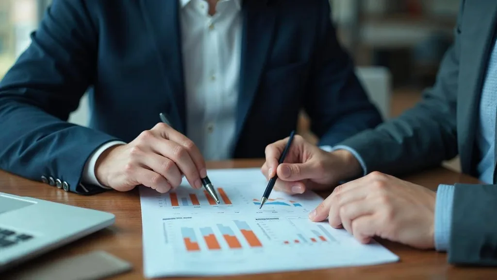 Finance lead and marketing lead comparing a single printed one-page performance report at a desk