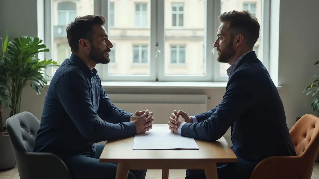 Founder interviewing a marketing consultant across a small table with a printed one-page brief between them