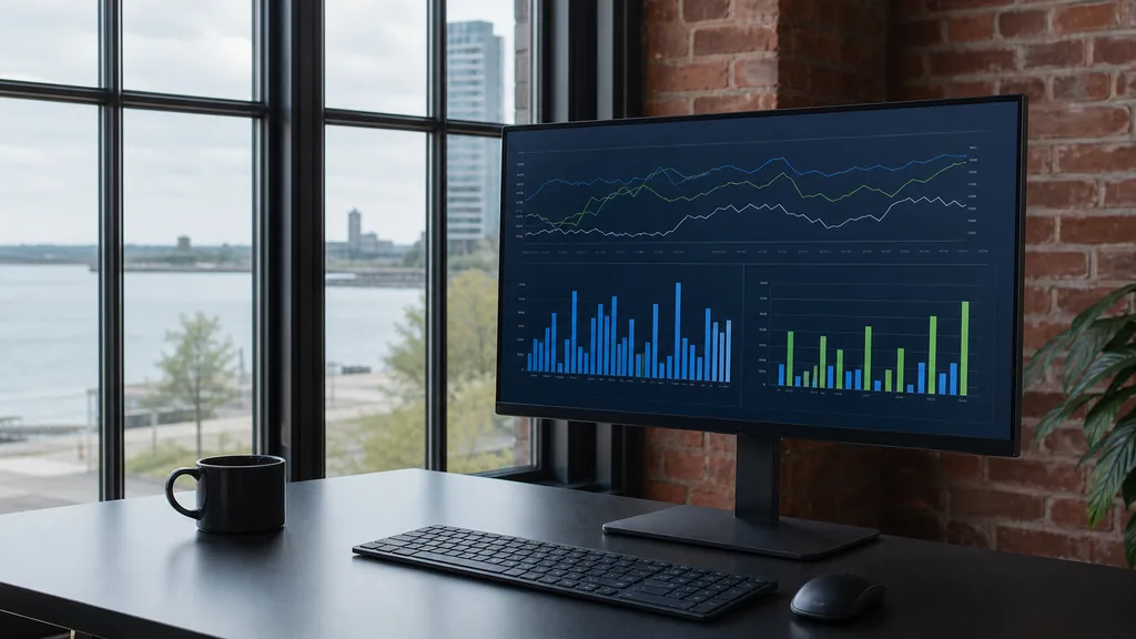 Editorial photograph of an office desk with a large monitor showing an abstract campaign dashboard, red brick walls and cool Buffalo lakefront daylight
