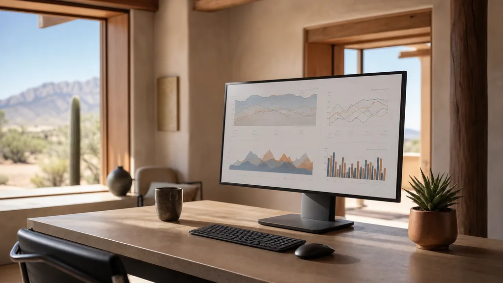 Editorial photograph of an office desk with a large monitor showing an abstract campaign dashboard, adobe plaster walls and bright New Mexico desert light