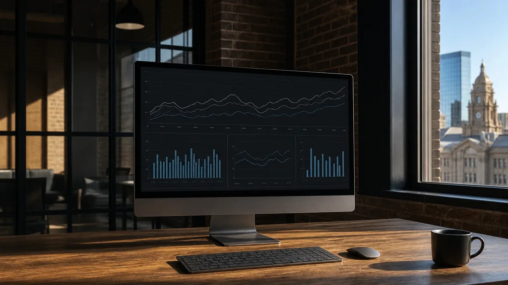 Editorial photograph of an office desk with a large monitor showing an abstract campaign dashboard, dark brick walls and warm Fort Worth afternoon light
