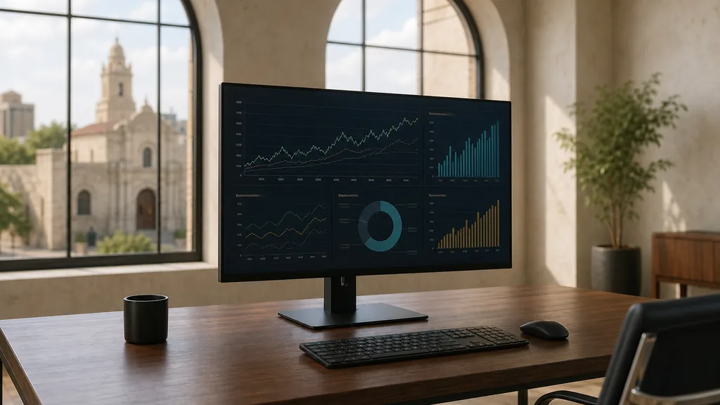 Editorial photograph of an office desk with a large monitor showing an abstract campaign dashboard, pale stucco walls and soft San Antonio daylight