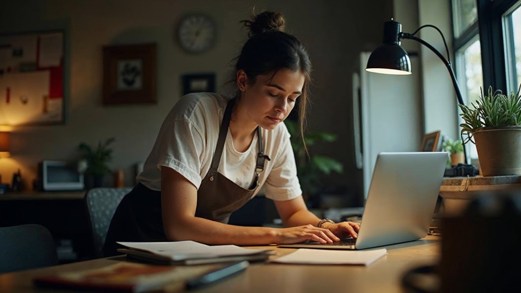 A small-business owner in an apron leaning over a laptop on a cluttered back-office desk late in the day, photographed in Minneapolis