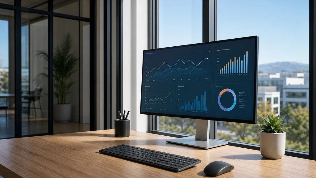 Editorial photograph of an office desk with a large monitor showing an abstract campaign dashboard, white walls, black metal framing and bright California daylight