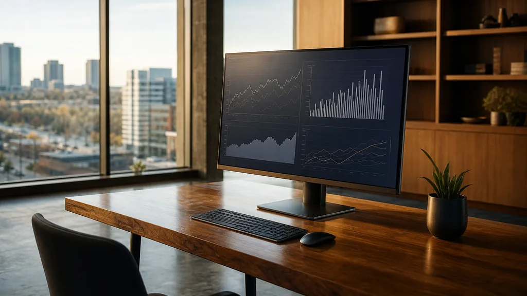 Editorial photograph of an office desk with a large monitor showing an abstract campaign dashboard, polished concrete floor and low golden Edmonton light