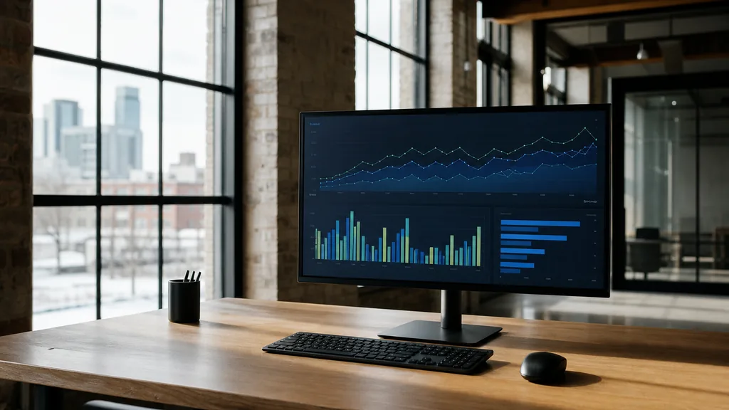Editorial photograph of an office desk with a large monitor showing an abstract campaign dashboard, exposed brick and cold bright prairie light