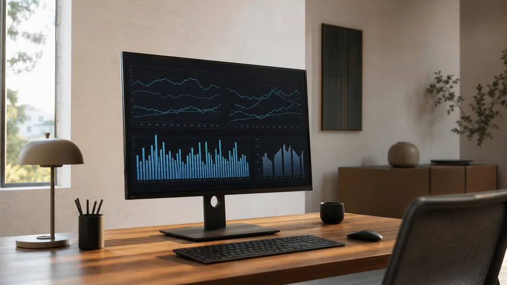 Editorial photograph of an office desk with a large monitor showing an abstract campaign dashboard, white plaster walls and warm Adelaide afternoon light