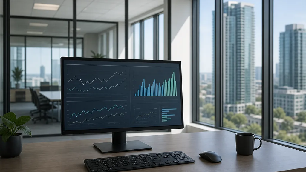 Editorial photograph of an office desk with a large monitor showing an abstract campaign dashboard, light grey walls, glass partitions and even bright daylight