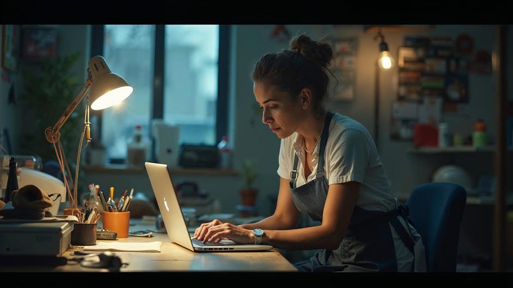 A small-business owner in an apron leaning over a laptop on a cluttered back-office desk late in the day, photographed in Minneapolis