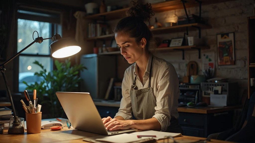 A small-business owner in an apron leaning over a laptop on a cluttered back-office desk late in the day, photographed in Minneapolis