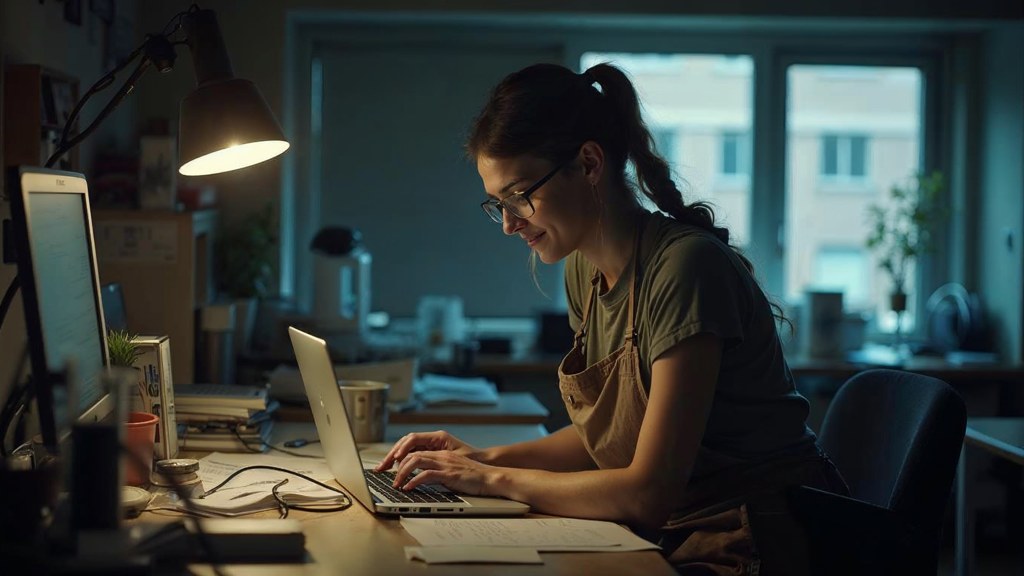 A small-business owner in an apron leaning over a laptop on a cluttered back-office desk late in the day, photographed in Minneapolis