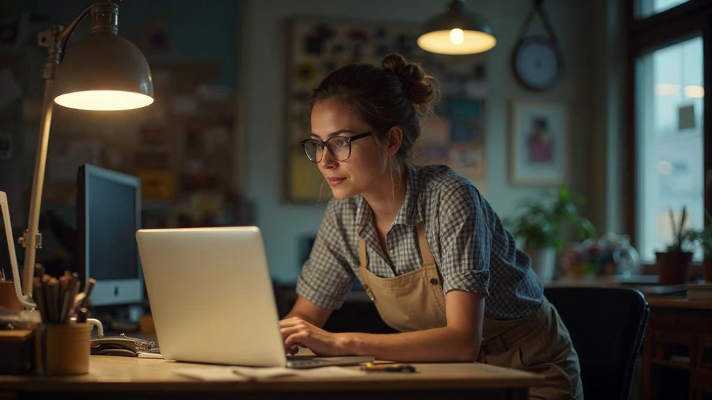 A small-business owner in an apron leaning over a laptop on a cluttered back-office desk late in the day, photographed in Minneapolis