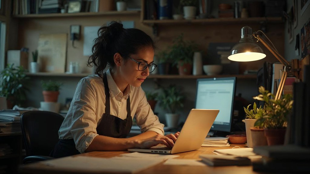 A small-business owner in an apron leaning over a laptop on a cluttered back-office desk late in the day, photographed in Minneapolis