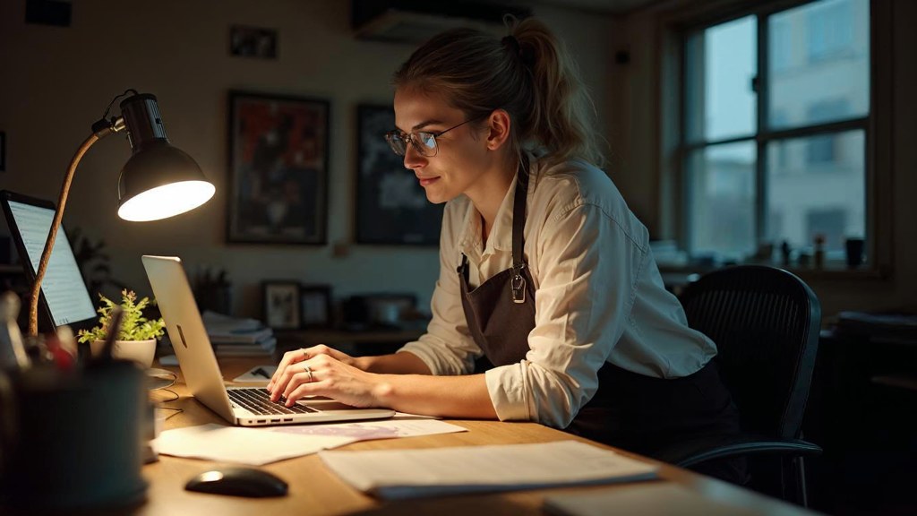 A small-business owner in an apron leaning over a laptop on a cluttered back-office desk late in the day, photographed in Minneapolis