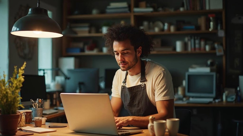 A small-business owner in an apron leaning over a laptop on a cluttered back-office desk late in the day, photographed in Minneapolis
