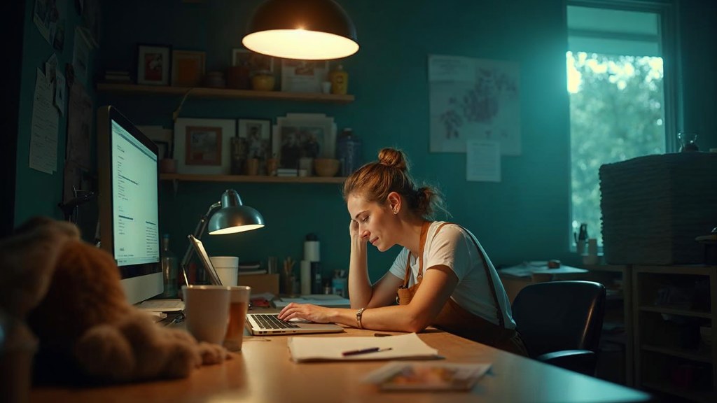 A small-business owner in an apron leaning over a laptop on a cluttered back-office desk late in the day, photographed in Minneapolis