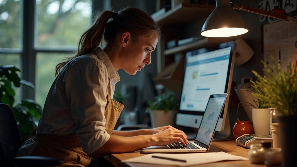 A small-business owner in an apron leaning over a laptop on a cluttered back-office desk late in the day, photographed in Minneapolis
