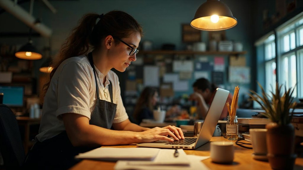 A small-business owner in an apron leaning over a laptop on a cluttered back-office desk late in the day, photographed in Minneapolis