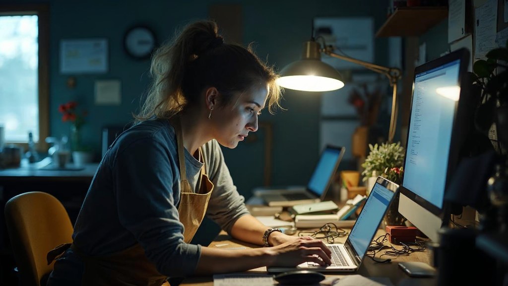 A small-business owner in an apron leaning over a laptop on a cluttered back-office desk late in the day, photographed in Minneapolis