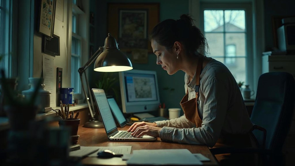 A small-business owner in an apron leaning over a laptop on a cluttered back-office desk late in the day, photographed in Minneapolis