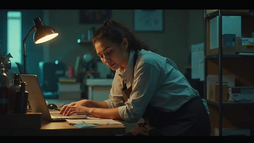 A small-business owner in an apron leaning over a laptop on a cluttered back-office desk late in the day, photographed in Minneapolis