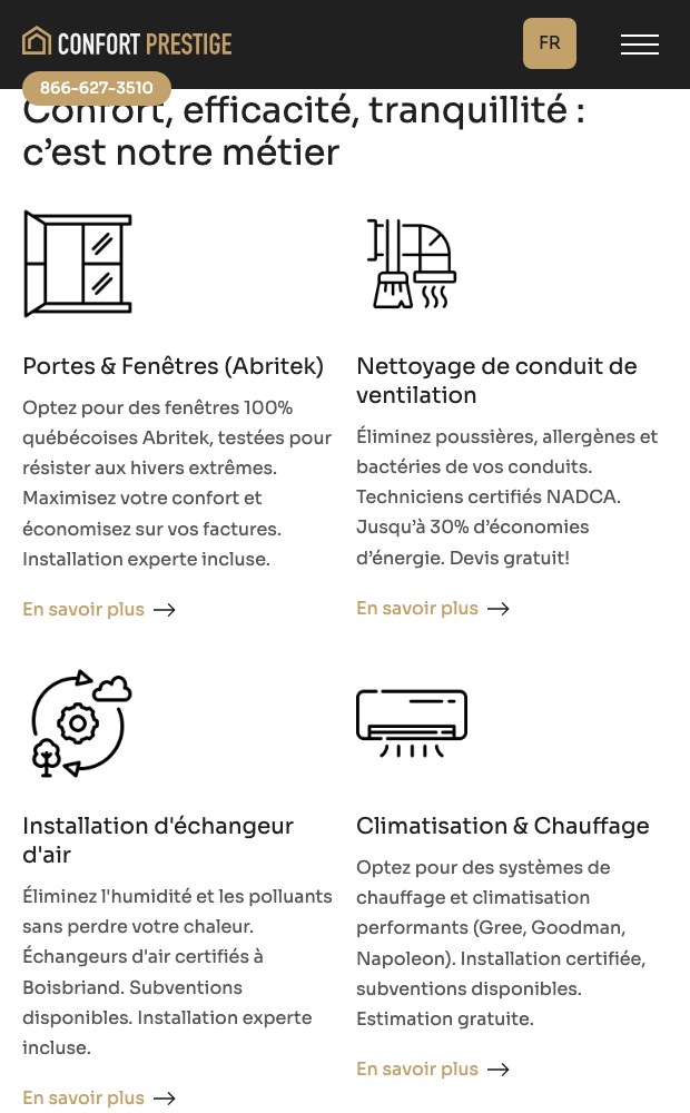 Services page on mobile
