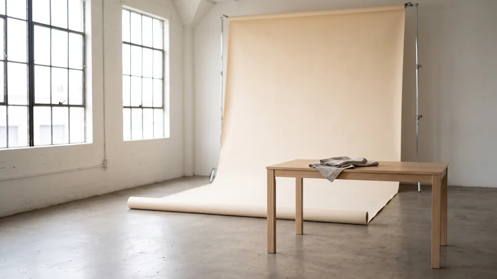 Editorial photograph of an empty photography studio in an Anaheim light-industrial unit with a warm bone paper sweep and a plain pale oak still-life table holding folded linen, no people and no signage