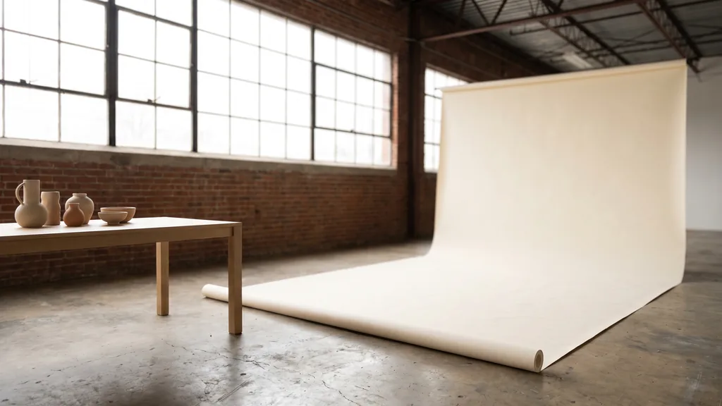 Editorial photograph of an empty photography studio in a Plano suburban warehouse with a soft cream paper sweep and a plain white oak styling table with neutral ceramics, no people and no signage
