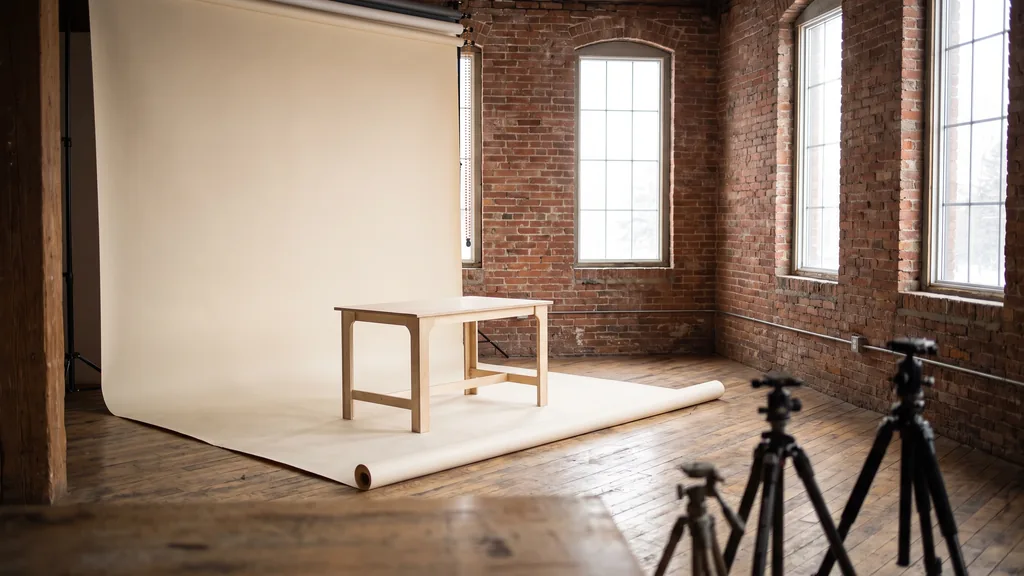 Editorial photograph of an empty photography studio in an Edmonton brick warehouse conversion with a warm ivory paper sweep and a plain birch still-life table, no people and no signage