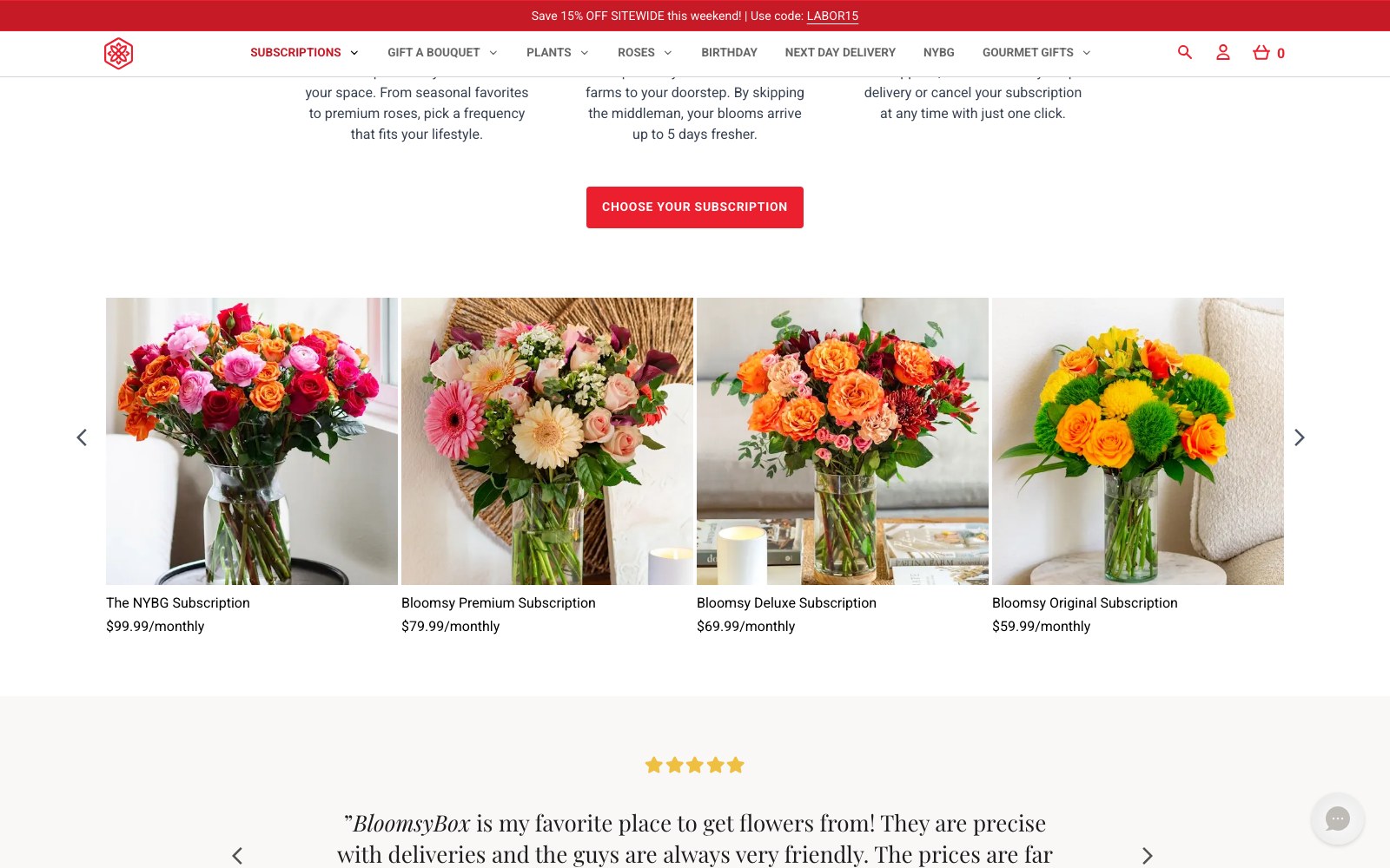 BloomsyBox subscription tiers with a five-star customer testimonial beneath