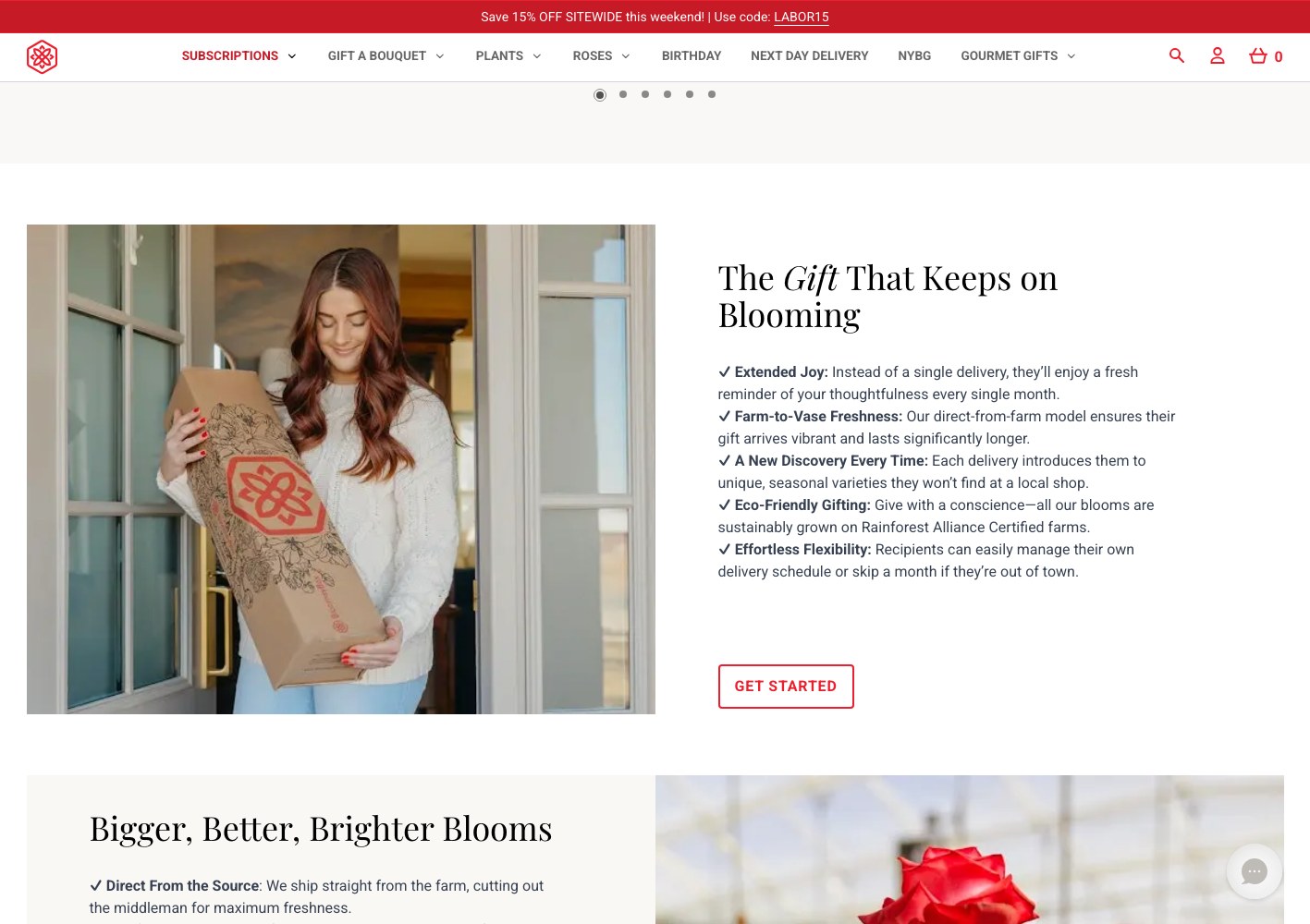 BloomsyBox subscription explainer, The Gift That Keeps on Blooming, with delivery photo
