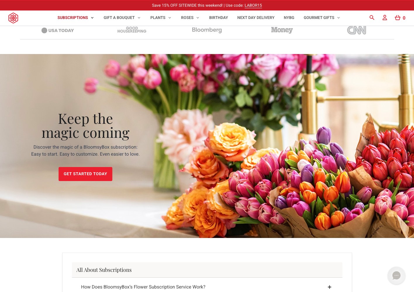 BloomsyBox Keep the magic coming subscription banner over a tulip bouquet photo