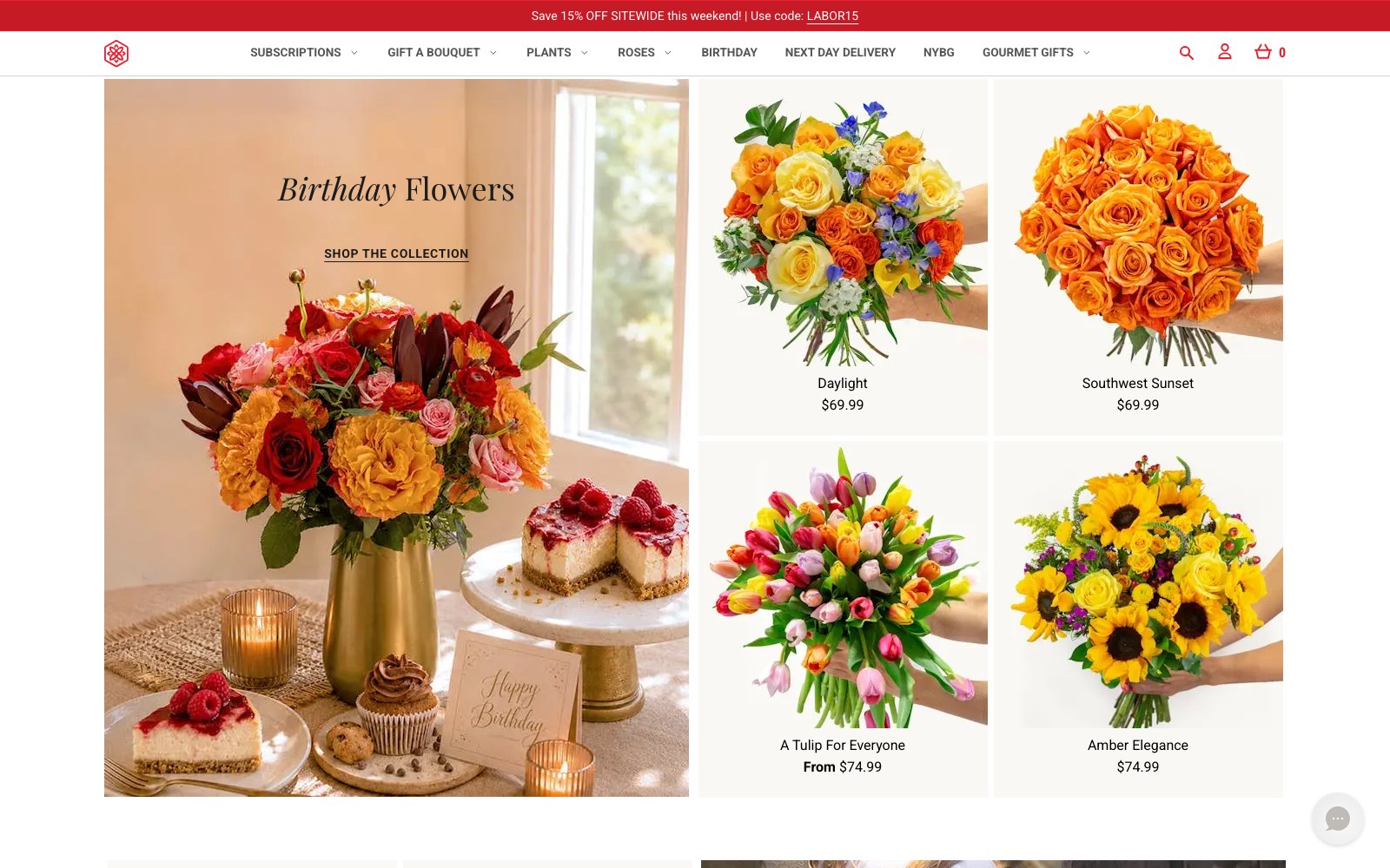 BloomsyBox birthday flowers collection page with bouquet product grid