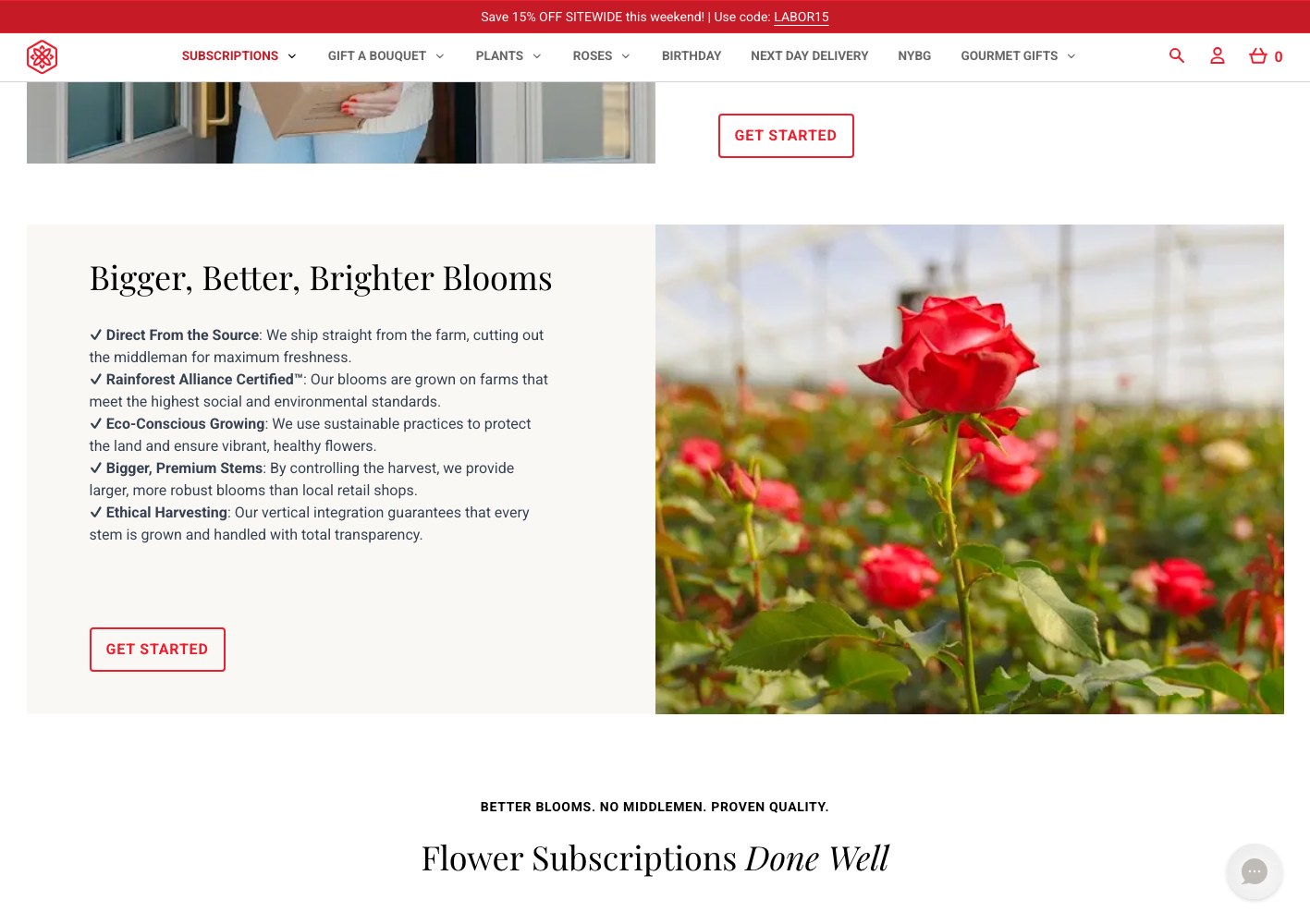 BloomsyBox farm sourcing section, Bigger Better Brighter Blooms, with red roses in the field