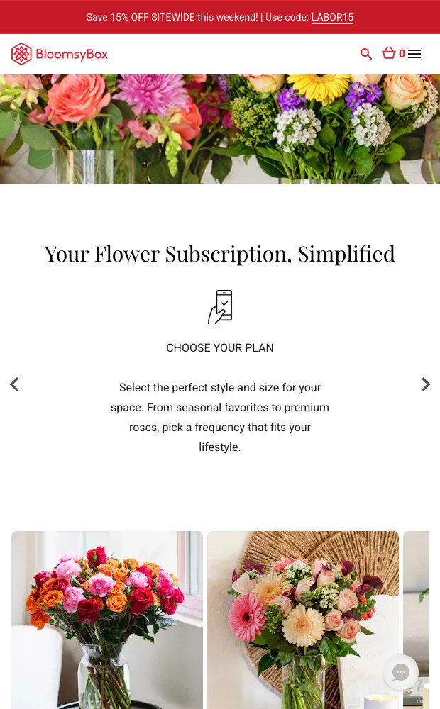 BloomsyBox mobile layout — Your Flower Subscription Simplified plan chooser