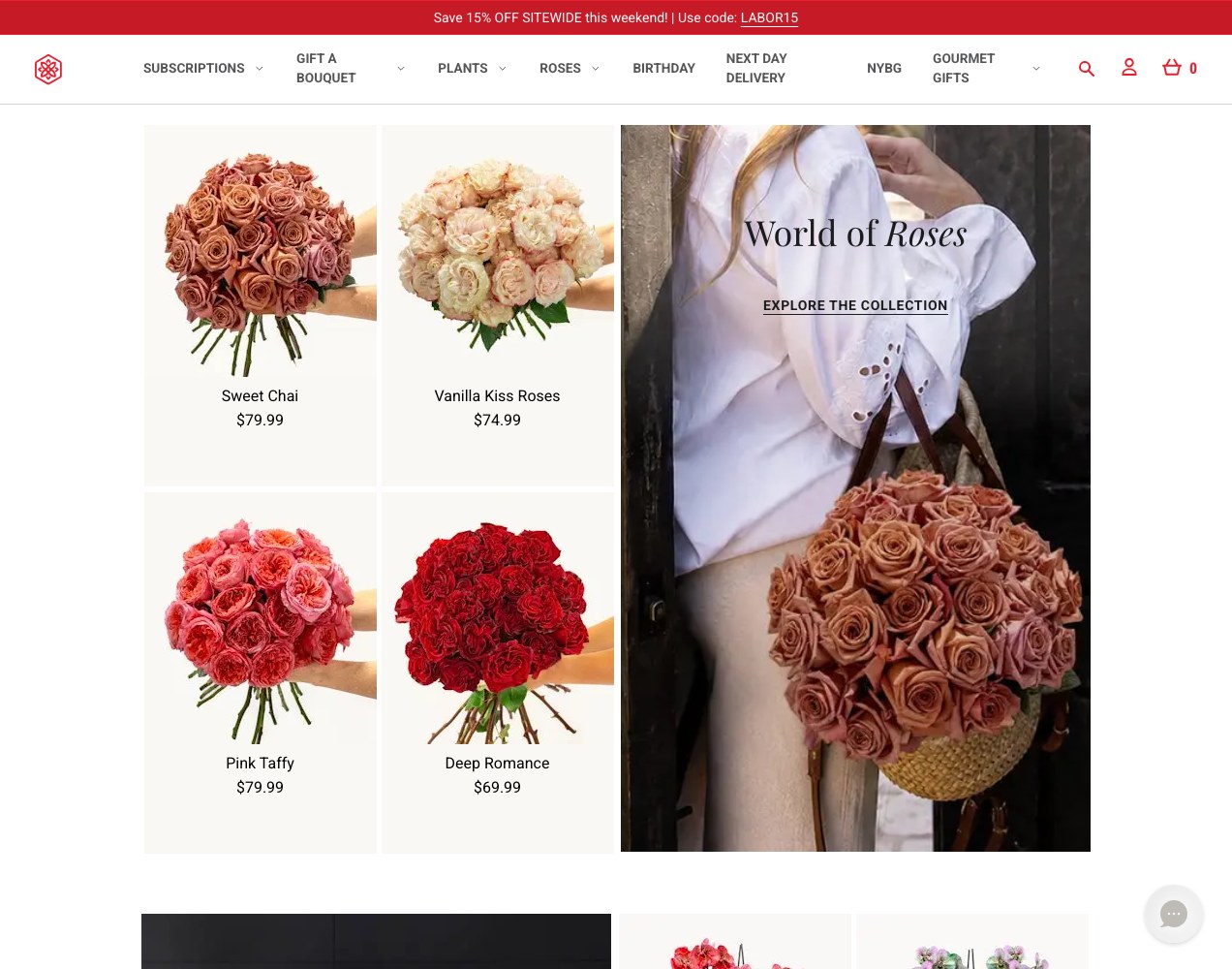 BloomsyBox roses collection grid next to the World of Roses editorial tile