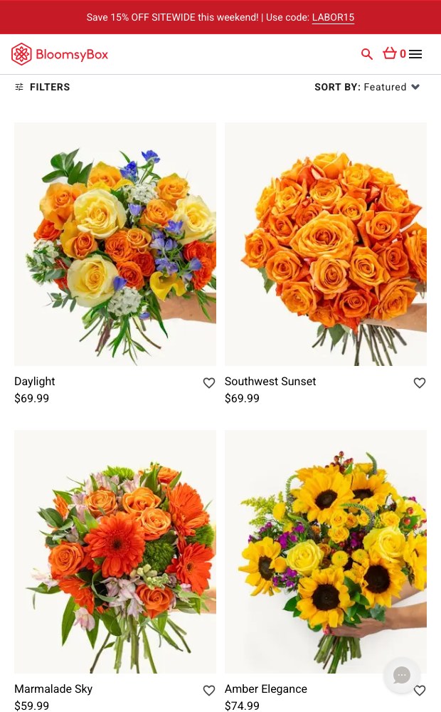 BloomsyBox mobile layout — filterable bouquet collection grid