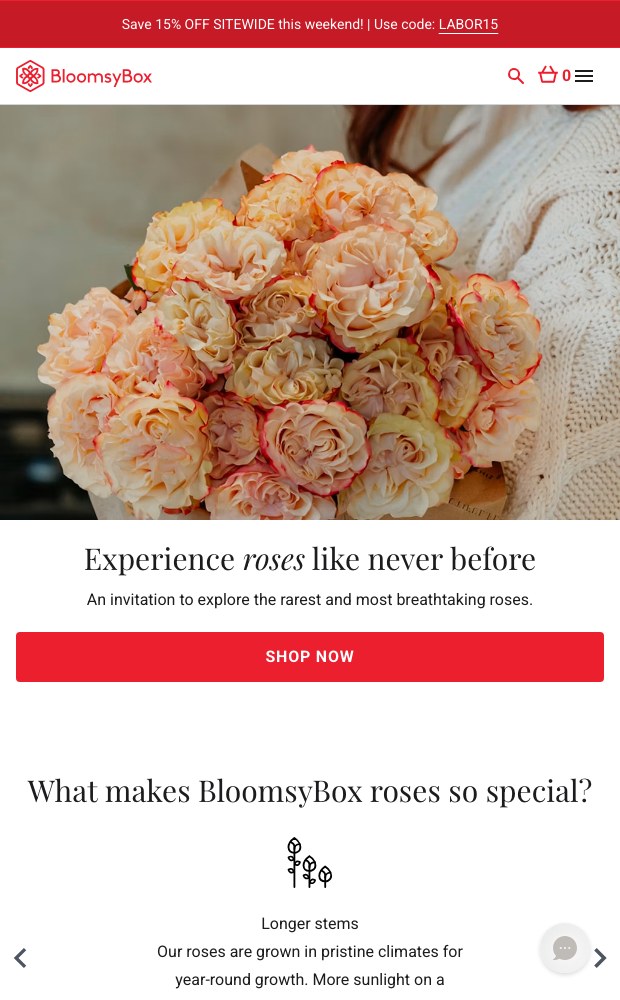 BloomsyBox mobile layout — Experience roses like never before story section