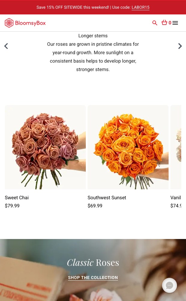 BloomsyBox mobile layout — rose product grid above the Classic Roses banner