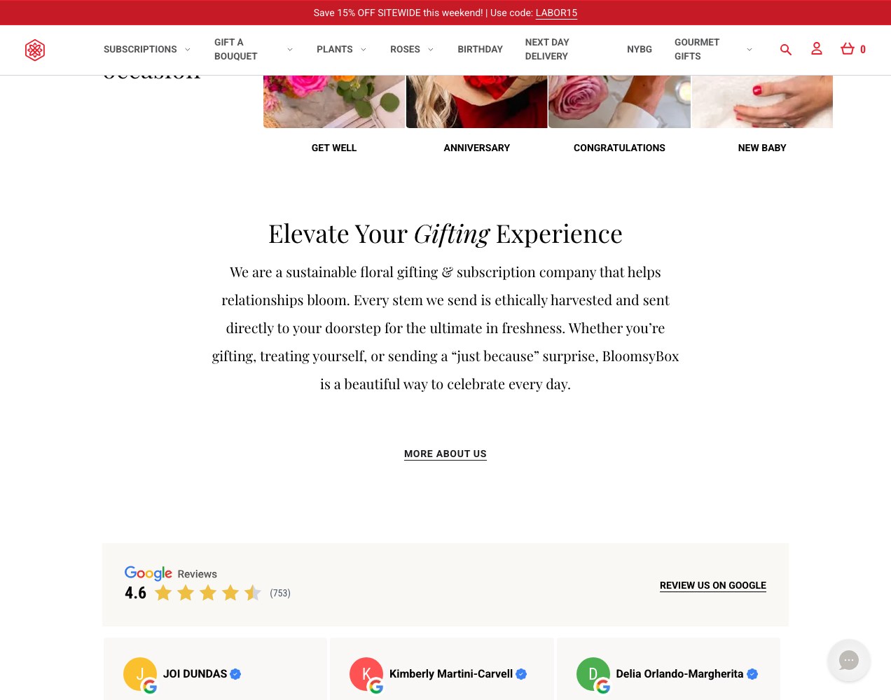 BloomsyBox Elevate Your Gifting Experience section with the 4.6 Google review strip