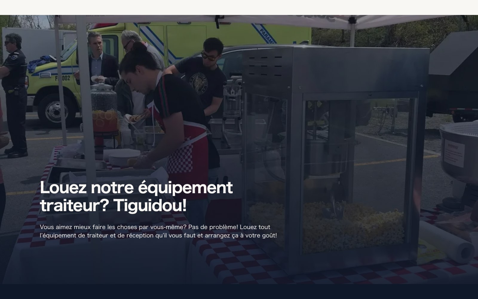 Equipment rental section over a photo of a Tiguidou event setup